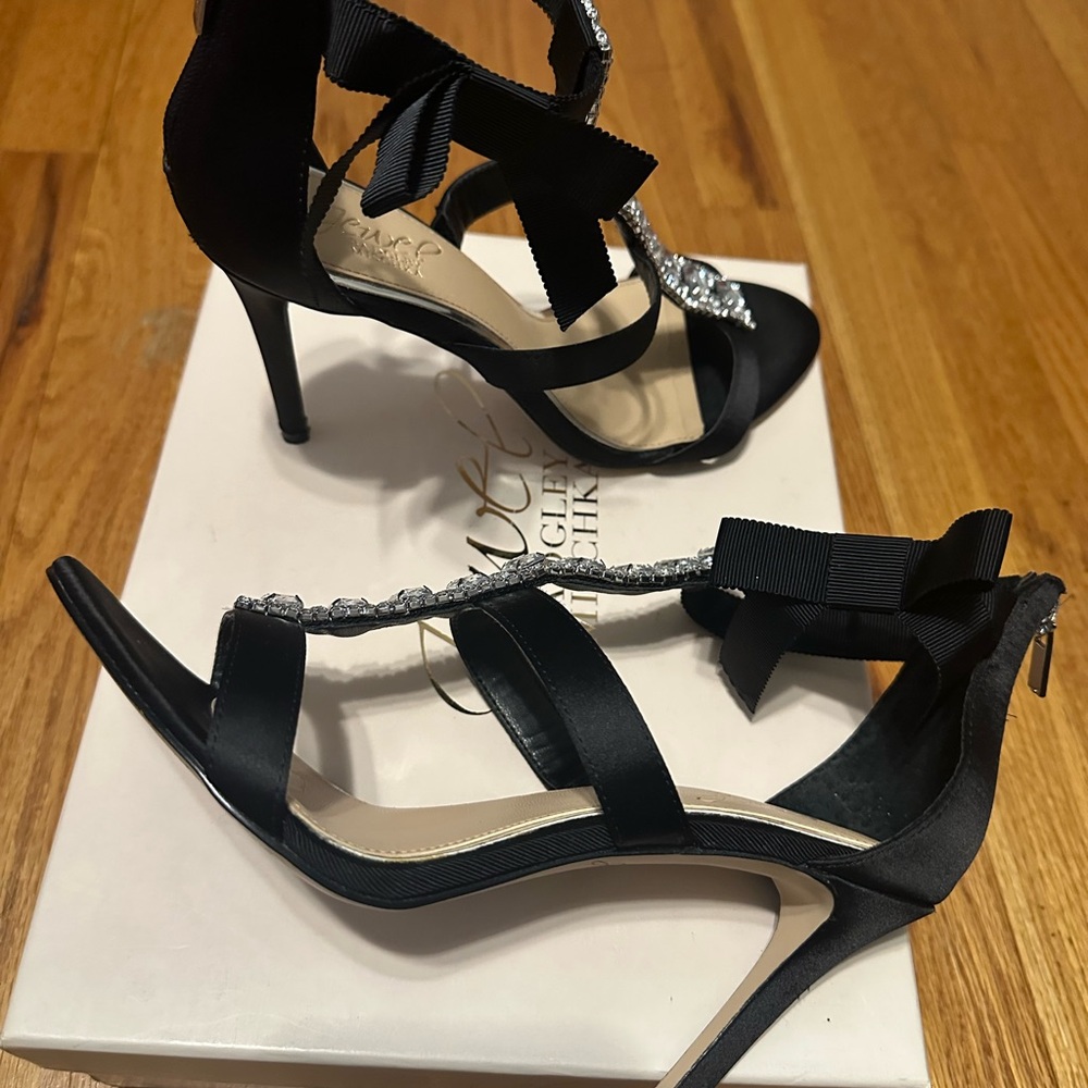 Jewel Badgley Mischka Satin Heels with Rhinestone Straps - Picture 3 of 5